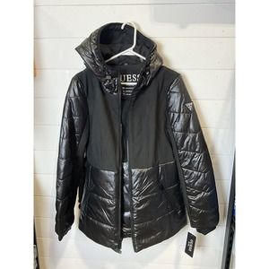 Guess Womens Large Belted Puffer Black‎ Ecru Jacket